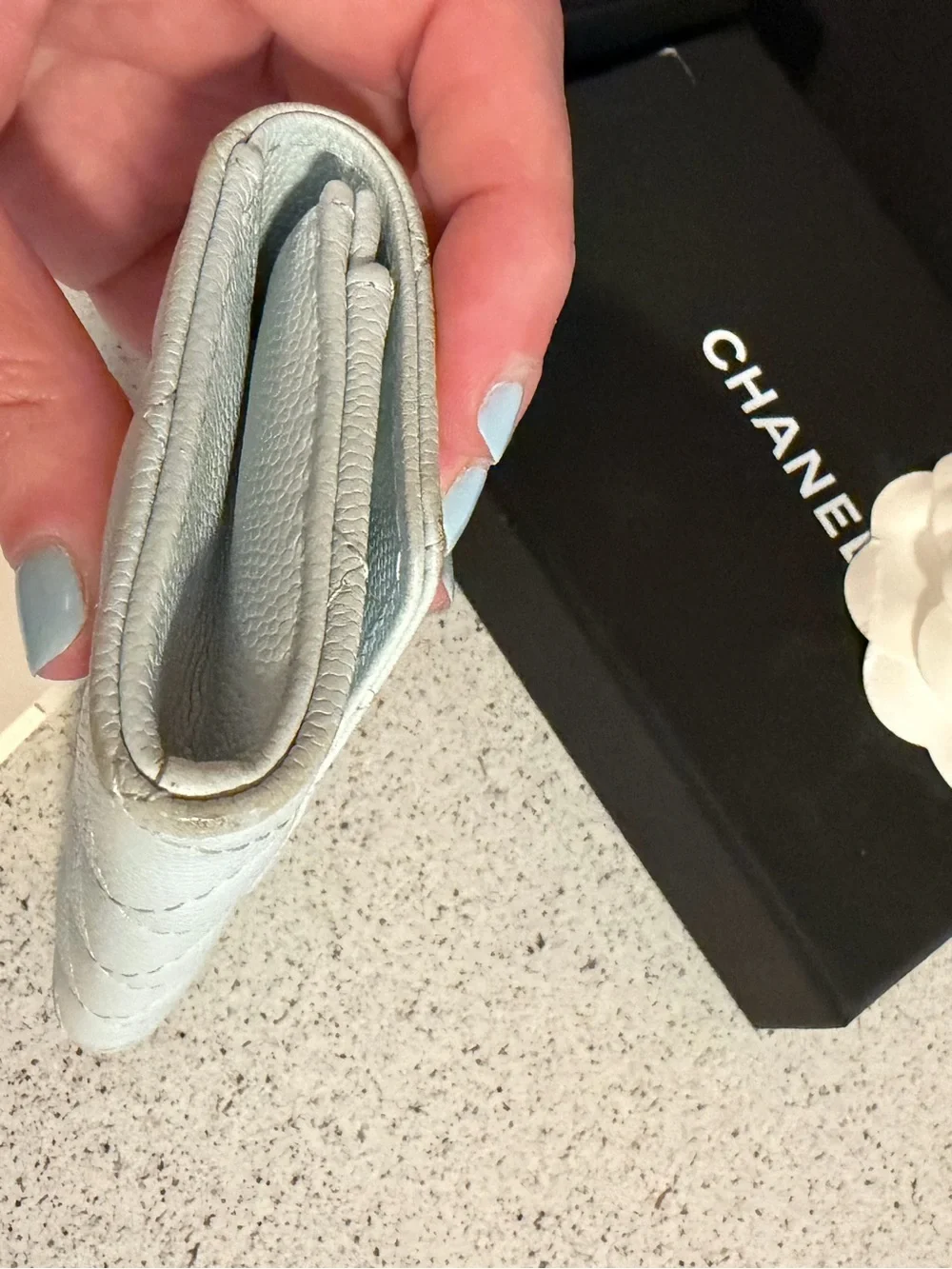 Chanel shiny caviar quilted crystal CC flap card holder light blue